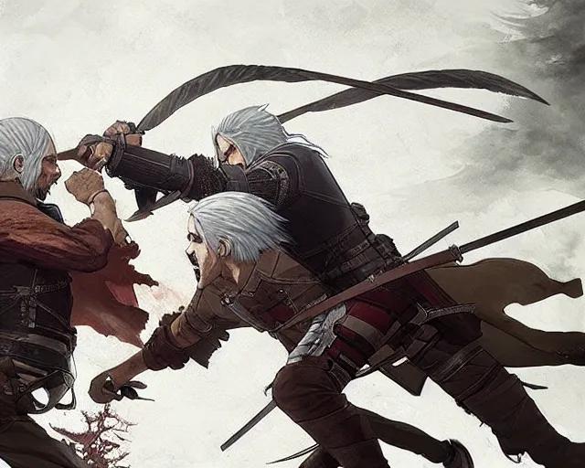 Prompt: geralt of rivia and eren jager fighting in attack on titan, greg rutkowski, anime