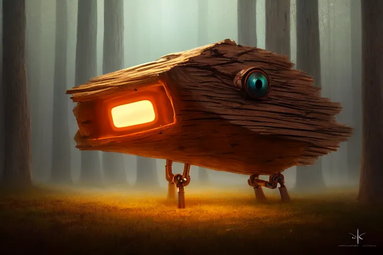 Image similar to a walking wood house with two mechanical legs and two glowing eyes, rust, hyperrealistic, pareidolia, highly detailed, cinematic, single ray of sun, fog, beautiful, cgssociety, artstation, 8 k, oil painting