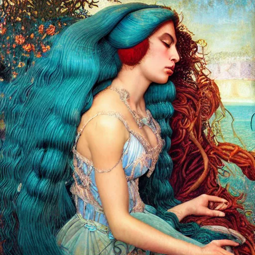 Prompt: intricate detail, hyper detail, gaston bussiere, sandro botticelli style photoshoot, lady gaga, artpop act ii album, with neon aqua rapunzel dreadlocks, detailed, masterpiece, sharp focus,