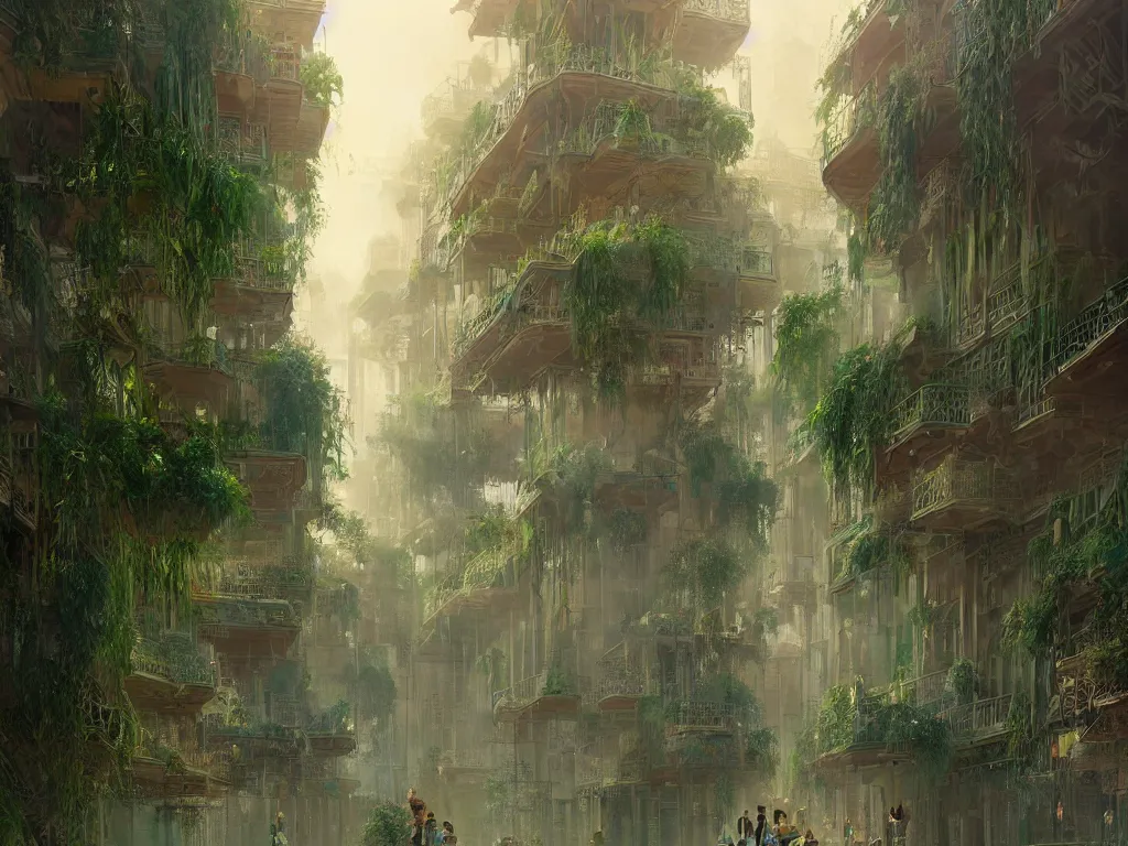 Image similar to the antique green city of babylon with its wonderful hanging gardens at dawn, intricate, elegant, volumetric lighting, digital painting, highly detailed, artstation, sharp focus, illustration, concept art, ruan jia, steve mccurry