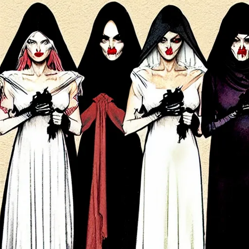 Image similar to in the style of Steve Niles, Norman Rockwell, three female witches dressed in black with veils:: graveyard:: red moon:: vampire blonde woman::