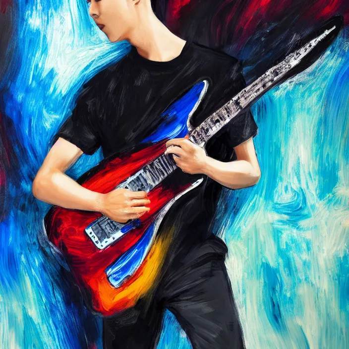 Prompt: abstract swirly brush strokes painting of a young korean man wearing black t shirt holding a telecaster!!! electric guitar!!, dark background, huge thick flowing dramatic brush strokes, matte colors, abstract, emotional masterpiece, impressionist, trending on artstation