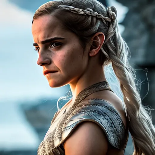 Prompt: Emma Watson as Daenerys Targaryen, XF IQ4, f/1.4, ISO 200, 1/160s, 8K, Sense of Depth, color and contrast corrected, AI enhanced, Dolby Vision, in-frame