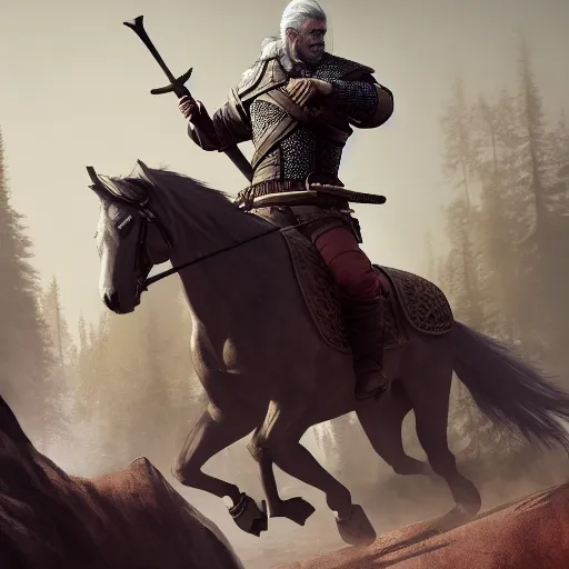 Image similar to Geralt of Rivia riding a horse in forest, 4k, artstation, cgsociety, award-winning, masterpiece, stunning, beautiful, glorious, powerful, fantasy art