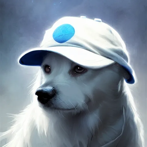 Prompt: a white dog wearing a blue cap,Character design by charlie bowater, ross tran, artgerm, and makoto shinkai, detailed, inked, western comic book art, 2021 award winning painting,digital art,ultra realistic,ultra detailed,art by greg rutkowski,detailed face,hyperdetailed,photorealistic