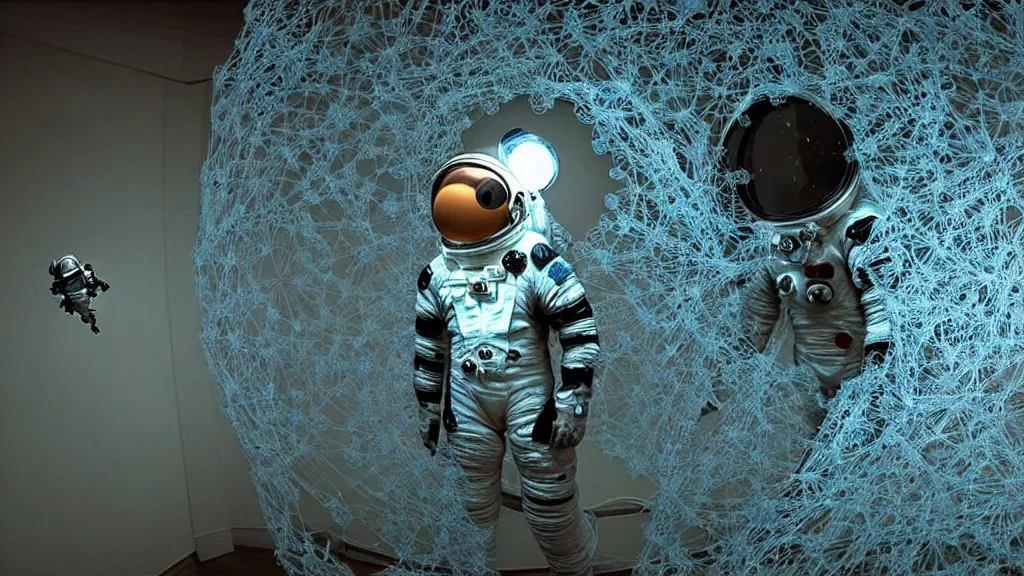 Image similar to a single astronaut eva suit covered in diamond 3d fractal lace iridescent bubble 3d skin and covered with insectoid compound eye camera lenses floats through the living room, film still from the movie directed by Denis Villeneuve with art direction by Salvador Dalí, wide lens,