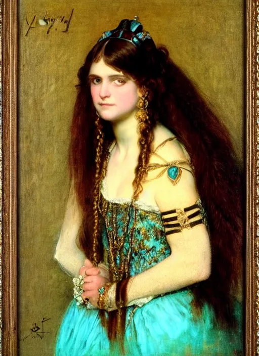 Image similar to ( ( gothic # ) ) princess portrait *. *. by william henry hunt * *, highly detailded, turquoise rust