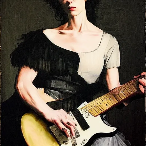 Prompt: St. Vincent playing electric guitar by Caravaggio and Jason Shawn Alexander