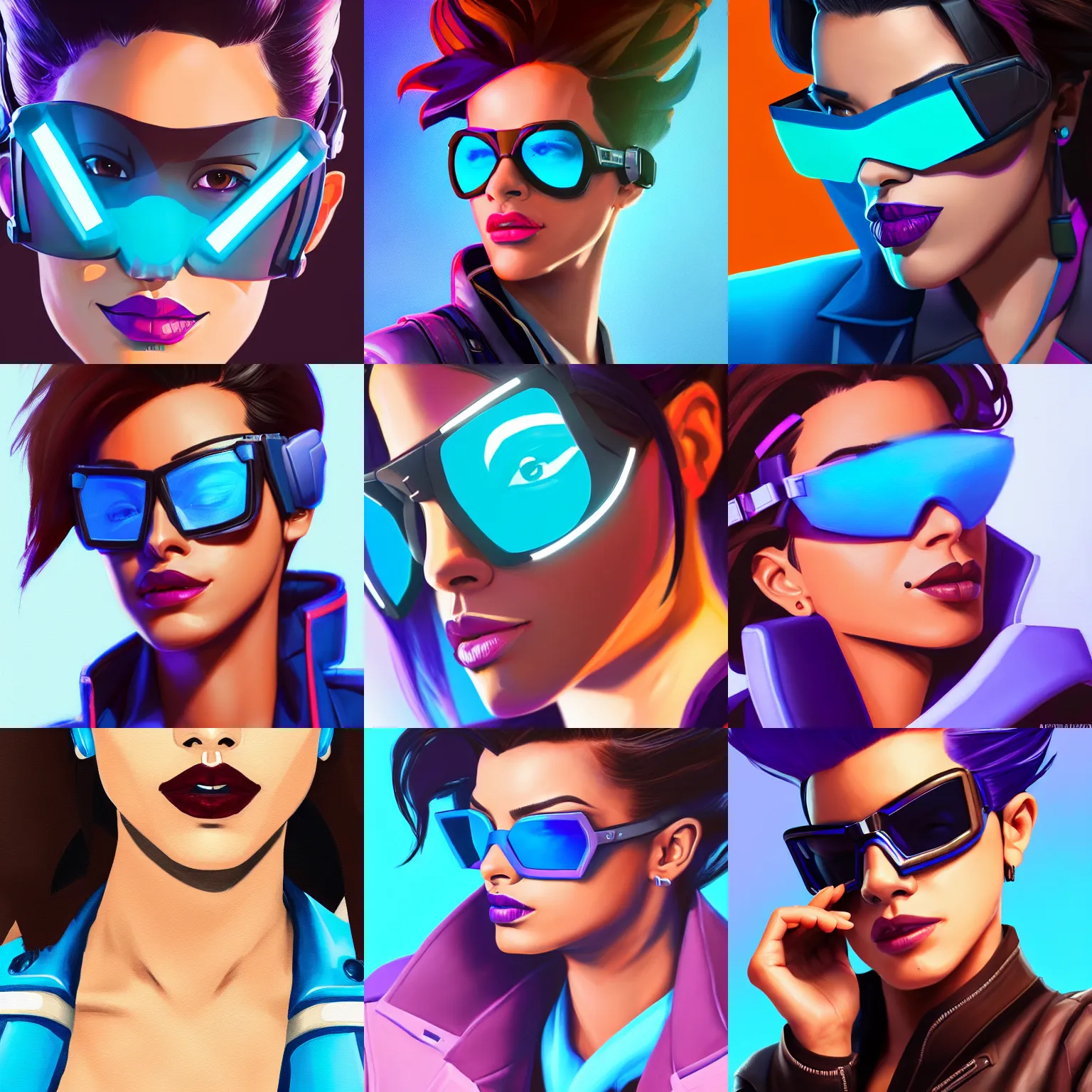 Prompt: 3 / 4 view closeup painting of a sombra from overwatch smirking, wearing light blue shutter shades and a dark brown leather jacket, one side brown haircut with blue ends, portrait, hyperdetailed, artstation, cgsociety, 8 k, synthwave by tangerine dream