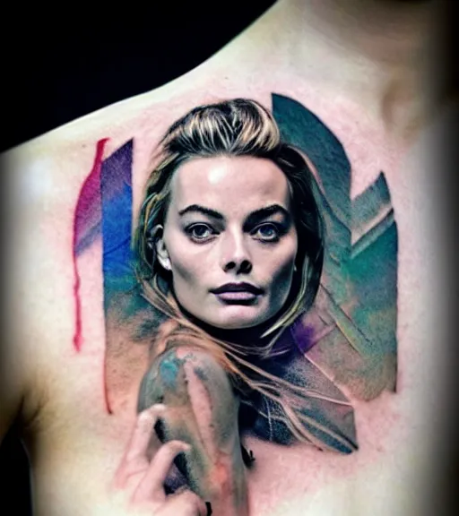 Image similar to tattoo design sketch double exposure of margot robbie faded with beautiful mountain scenery, creative mash up, in the style of arlo dicristina, surrealist, amazing detail, sharp