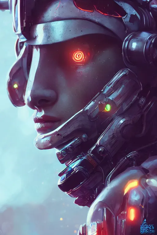 Image similar to beautiful close - up portrait of a cyborg mercenary girl, art by wlop and liam wong, cyberpunk, neon, combat armor, head and shoulders, intricate details, trending on artstation, sharp focus, caustics, octane render, radiant light, 4 k