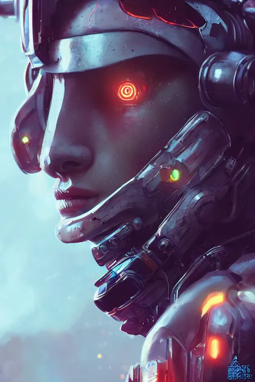 Prompt: beautiful close - up portrait of a cyborg mercenary girl, art by wlop and liam wong, cyberpunk, neon, combat armor, head and shoulders, intricate details, trending on artstation, sharp focus, caustics, octane render, radiant light, 4 k