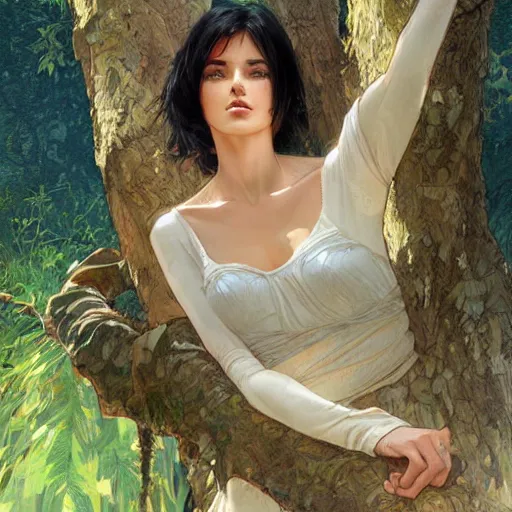 Prompt: woman resting at base of large tree, short black hair, tan skin, wide hips, blue clothes, sharp focus, intricate, smooth, ultra realistic digital art, elegant, by artgerm, greg rutkowski, raymond swanland, alphonse mucha