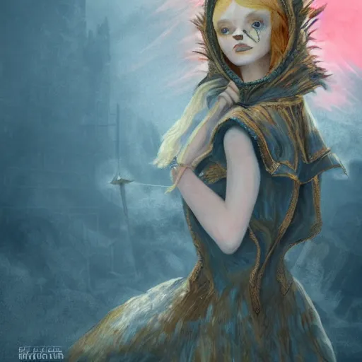 Image similar to Elle Fanning in the painted world of Dark Souls, head and shoulders masterpiece, apocalypse, golden hour, cosmic horror, artstation, in the style of Dr. Seuss, extremely detailed