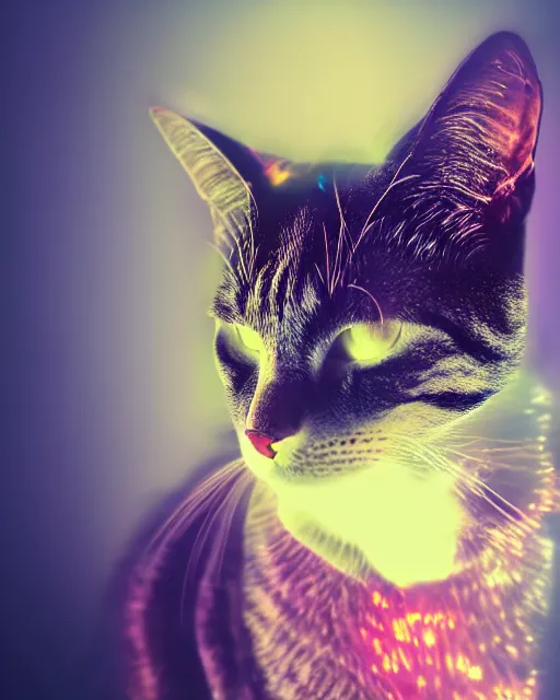 Image similar to dramatic cyberpunk portrait of a cat in a suit, crystalline, multicolor glow, atmospheric haze, intense shading, optic ripple, backlit, bokeh, centered