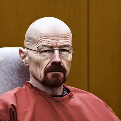 Prompt: walter white with no beard, wearing a clear plastic oxygen mask, sitting in a wheelchair in a courtroom.