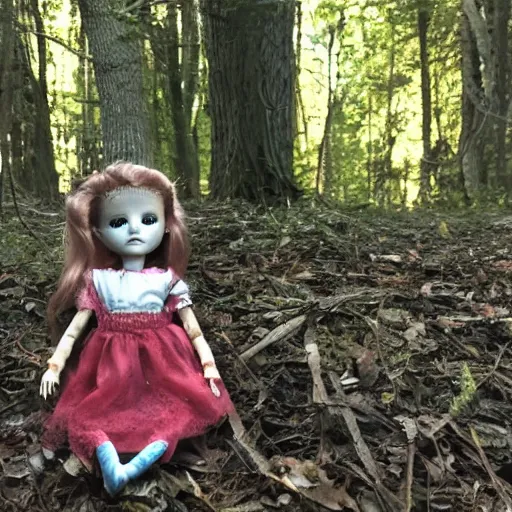 Prompt: broken doll in the woods, found footage