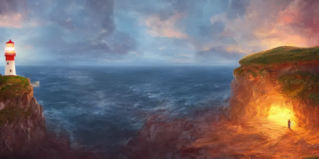 Prompt: a lighthouse in a cavern on the edge of a cliff overlooking the ocean by Jessica Rossier