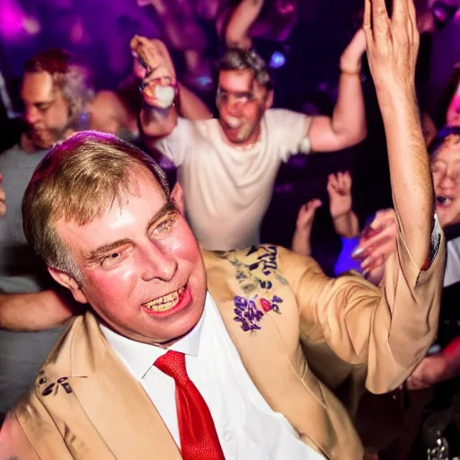 Prompt: prince andrew dancing in a nightclub, sweaty, wide angle, 14mm