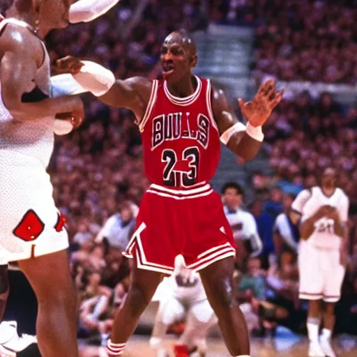 Image similar to frodo baggins blocking michael jordan, nba