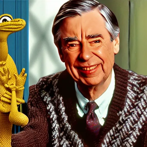 Image similar to Mr Rogers as a reptilian, he has a snake tongue, rendered in unreal engine