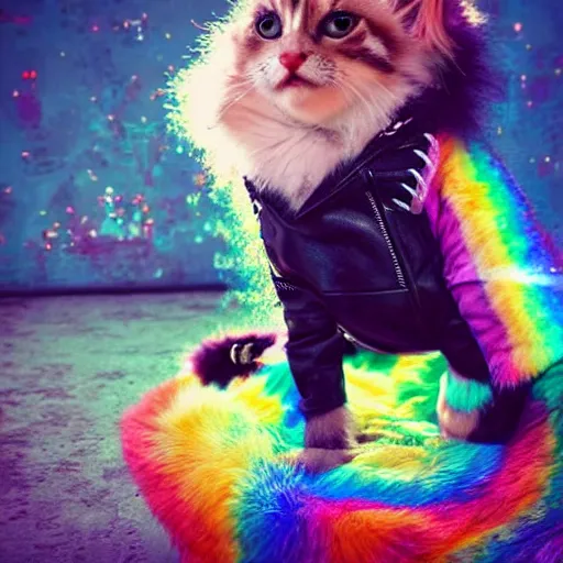 Image similar to wide angle full body, jacket wearing fluffy cute rainbow kitten wearing a black leather motorcycle jacket, cinematic concept art