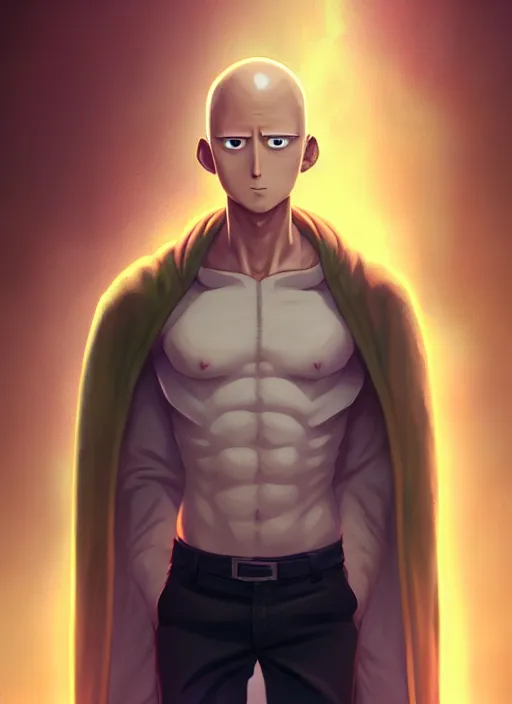 Image similar to handsome saitama, half body shot, path traced, epic cape, highly detailed, high quality, digital painting, alena aenami, lilia alvarado, shinji aramaki, karol bak, alphonse mucha, tom bagshaw