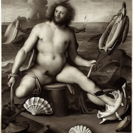 Image similar to by herbert list, by raphael, by jan van kessel the elder tired seashell. a experimental art of a mythological scene. large, bearded man seated on a throne, surrounded by sea creatures. he has a trident in one hand & a shield in the other. behind him is a large fish. in front of him are two smaller creatures.