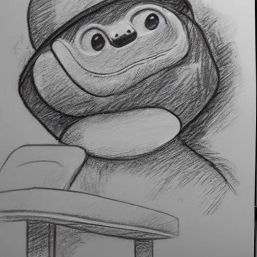 Prompt: a pencil sketch low fi of a sloth wearing a hat, in front of a monitor, using the mouse, grew wakowsky, rick and morty, simpsons