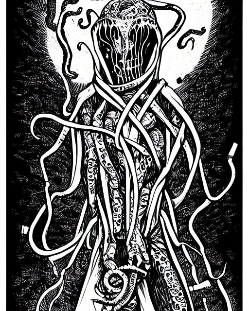 Prompt: cthulhu cultist in straitjacket!! black ink on paper, trending on artstation, beautiful, intricate, detailed