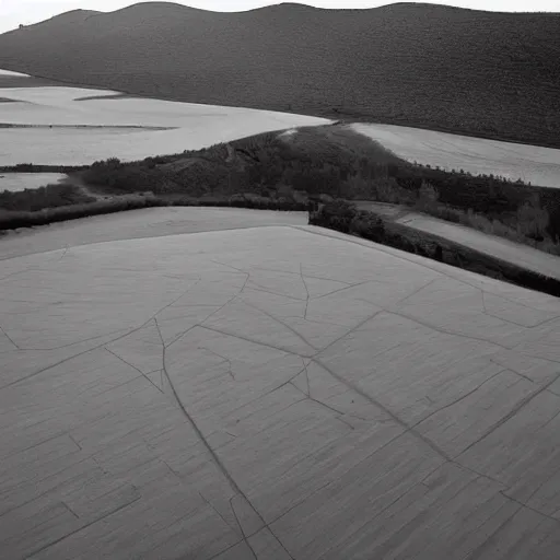 Prompt: a building in a stunning landscape by louis kahn and alberto burri, architectural photograph distance drone wide view, dynamic lighting sharp infinite focus