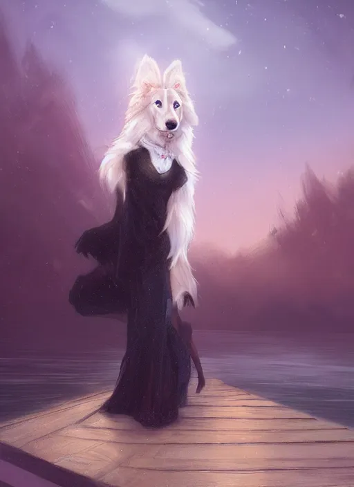 Prompt: wide angle beautiful full body portrait of a strong male anthropomorphic anthro border collie fursona in an evening gown on a pier on a lake at night, character design by charlie bowater, henry asencio, and ross tran, disney, detailed, aesthetic, trending on artstation, furaffinity, deviantart