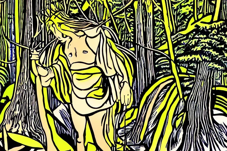 Image similar to a shaman in the forest, by roy lichtenstein, illustation, art nouveau, 8 k, extreme detail, sharp focus