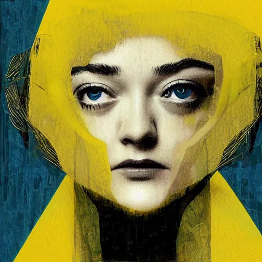 Prompt: Dakota Fanning with short blue hair wearing a yellow raincoat by Dave McKean