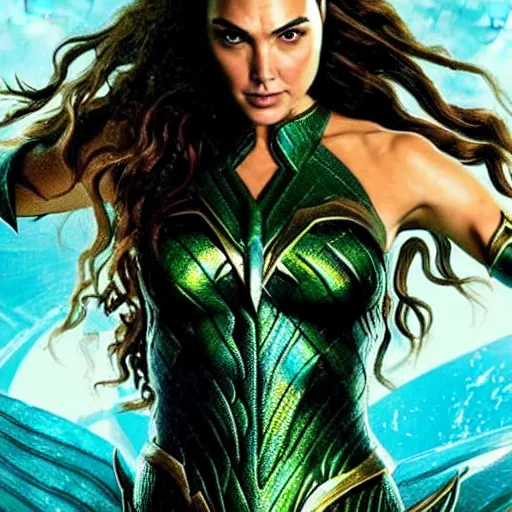 Prompt: an potrait of gal gadot cast as Mera from Aquaman, photorealistic, high detail, full body shot.