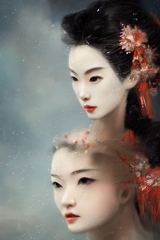 Image similar to geisha prima ballerina, gorgeous, ethereal, close-up portrait, intricate, elegant, volumetric lighting, scenery, digital painting, highly detailed, artstation, sharp focus, illustration, concept art, ruan jia, steve mccurry