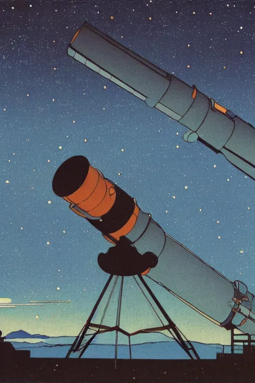 Image similar to huge telescope on mauna kea, big telescope in front, starry sky in background, blue color scheme, wide - angle lens, by hasui kawase, ukiyoe