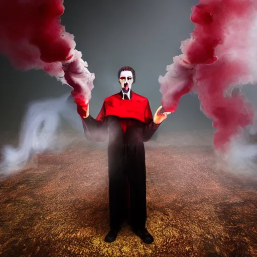 Prompt: dracula exhaling a huge smoke cloud of blood, award winning conceptual photography