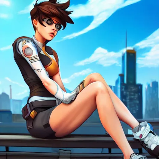 Image similar to digital artwork of tracer sitting on a rooftop, in the style of artgerm, detailed face, expressive face, sitting position, feminine face,