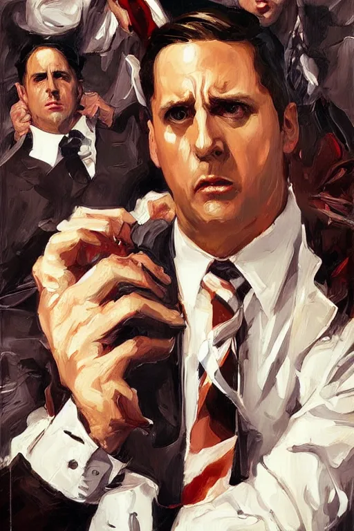 Image similar to michael scott fighting dwight schrute, painting by jc leyendecker!! phil hale!, angular, brush strokes, painterly, vintage, crisp