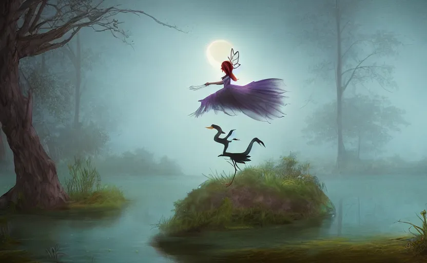 Prompt: a fairy riding a heron high over a misty nighttime lake, ambient lighting, light bloom, cool lighting, in the style of fantasy art and Over the Garden Wall!!