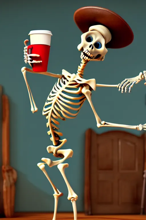 Image similar to a very expressive and funny skeleton character holding a cup of coffee on a horror mansion hall. pixar disney 4 k 3 d render funny animation movie oscar winning trending on artstation and behance. ratatouille style.