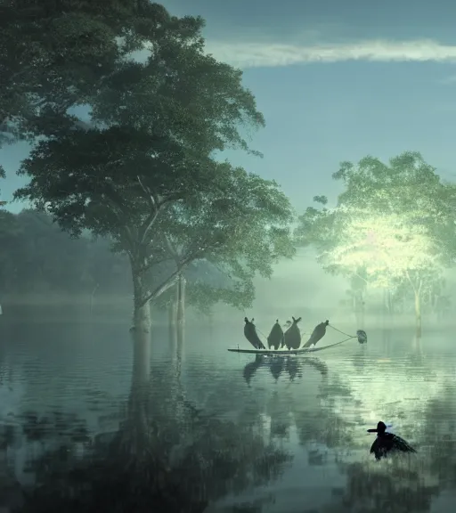 Image similar to three humans in a boat with a reflection of three crows in a swamp, volumetric lighting, fog, majestic light, octane render, ethereal glare of the sun, hyperrealistic, epic, masterpiece, by makoto shinkai