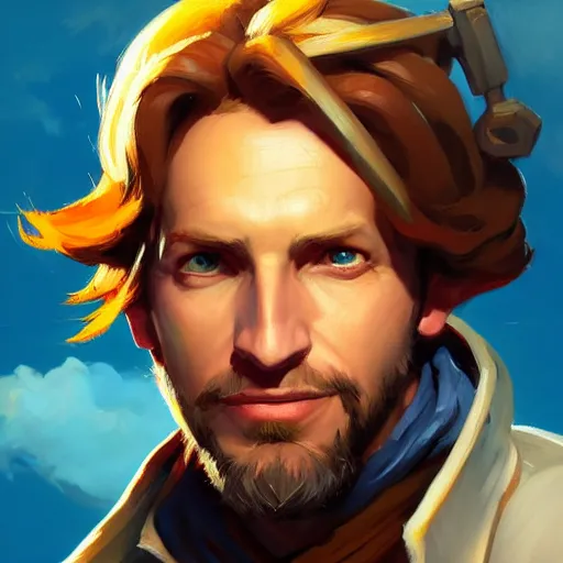 Image similar to Greg Manchess portrait painting o Guybrush Threpwood as Overwatch character, medium shot, asymmetrical, profile picture, Organic Painting, sunny day, Matte Painting, bold shapes, hard edges, street art, trending on artstation, by Huang Guangjian and Gil Elvgren and Sachin Teng