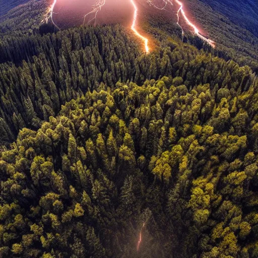 Image similar to a beautiful mountain landscape view from slightly above with stunning eerie lightning and a large tree on the foreground, HD photograph