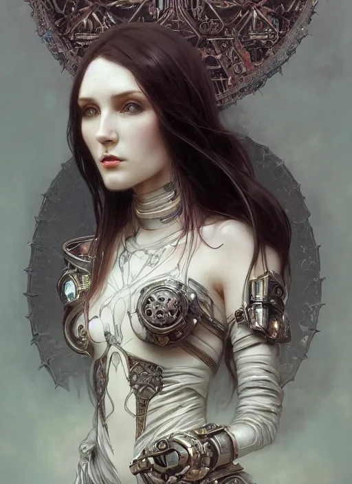 Image similar to beautiful pale gothic maiden, warhammer 40000, cyberpunk, intricate, elegant, highly detailed, digital painting, artstation, concept art, smooth, sharp focus, illustration, art by artgerm and greg rutkowski and alphonse mucha and Gustav Klimt