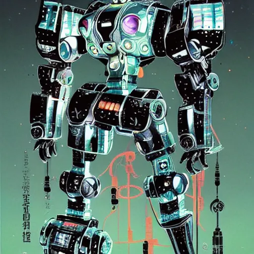 Image similar to portrait of the full - metal mecha nature - loving robot orion in electrical wired neon iridescent outfit, the robot holds the source code of the world, hanafuda cover illustration for vogue by yoji shinkawa, esao andrews and yoshitaka amano