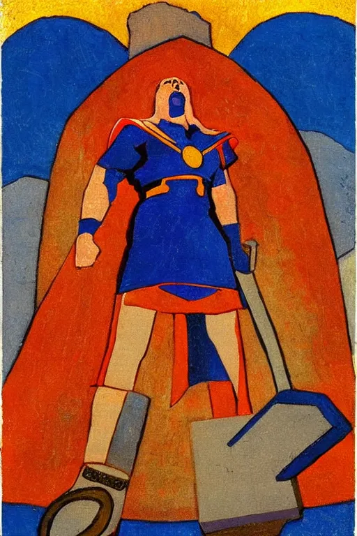 Image similar to thor with hammer, marvel, artwork by nicholas roerich,