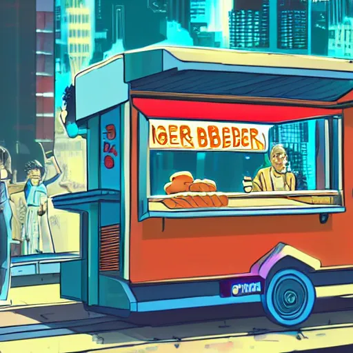 Prompt: the God Neptune trying to make a living selling burgers out of a food cart on a grimy subway platform in a cyberpunk city, 4k, digital art