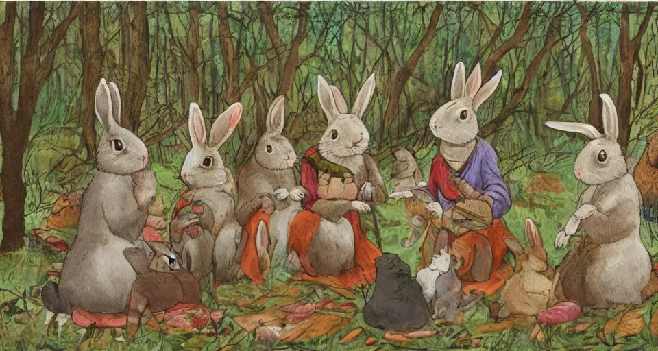 Image similar to A group of rabbits performing a shamanic ritual in a forest